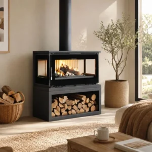 Poêle à bois raccordable 3 vitres avec bûcher – FIREMATIC Calgary – L 13.5 kW